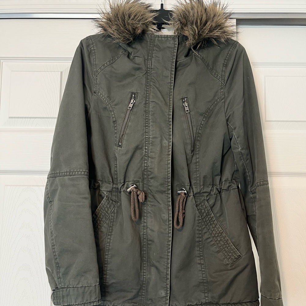 H&M Women's Hooded Anorak Jacket with Removable Faux-Fur Trim